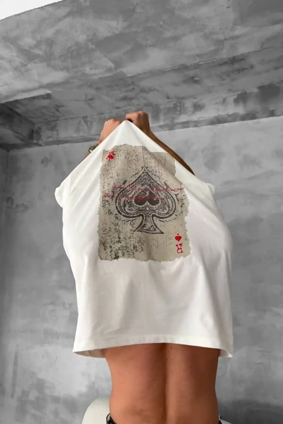 ERKEK Ön ve Arka Baskılı Oversize Bisiklet Yaka - Beyaz