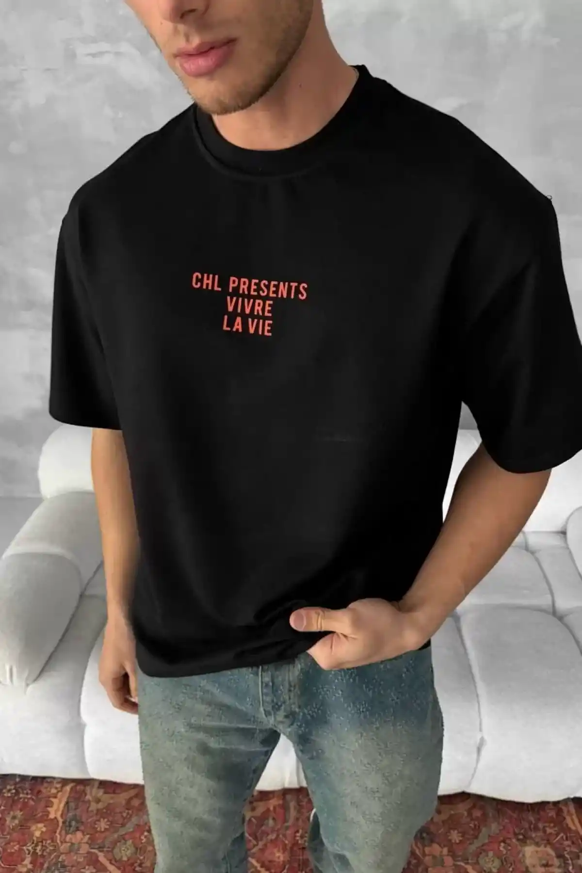 Ön ve Arka Baskılı Oversize Bisiklet Yaka T-shirt- Siyah