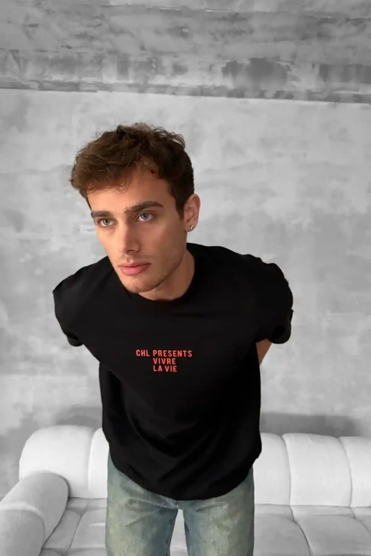 Erkek Baskılı Oversize Bisiklet Yaka T-shirt- Siyah