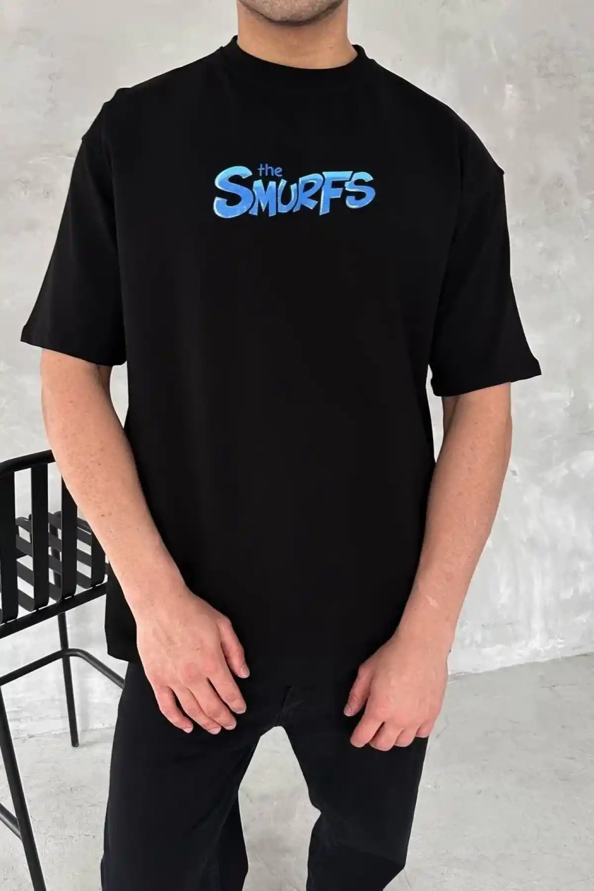 erkek Baskılı Oversize Bisiklet Yaka T-shirt- Siyah