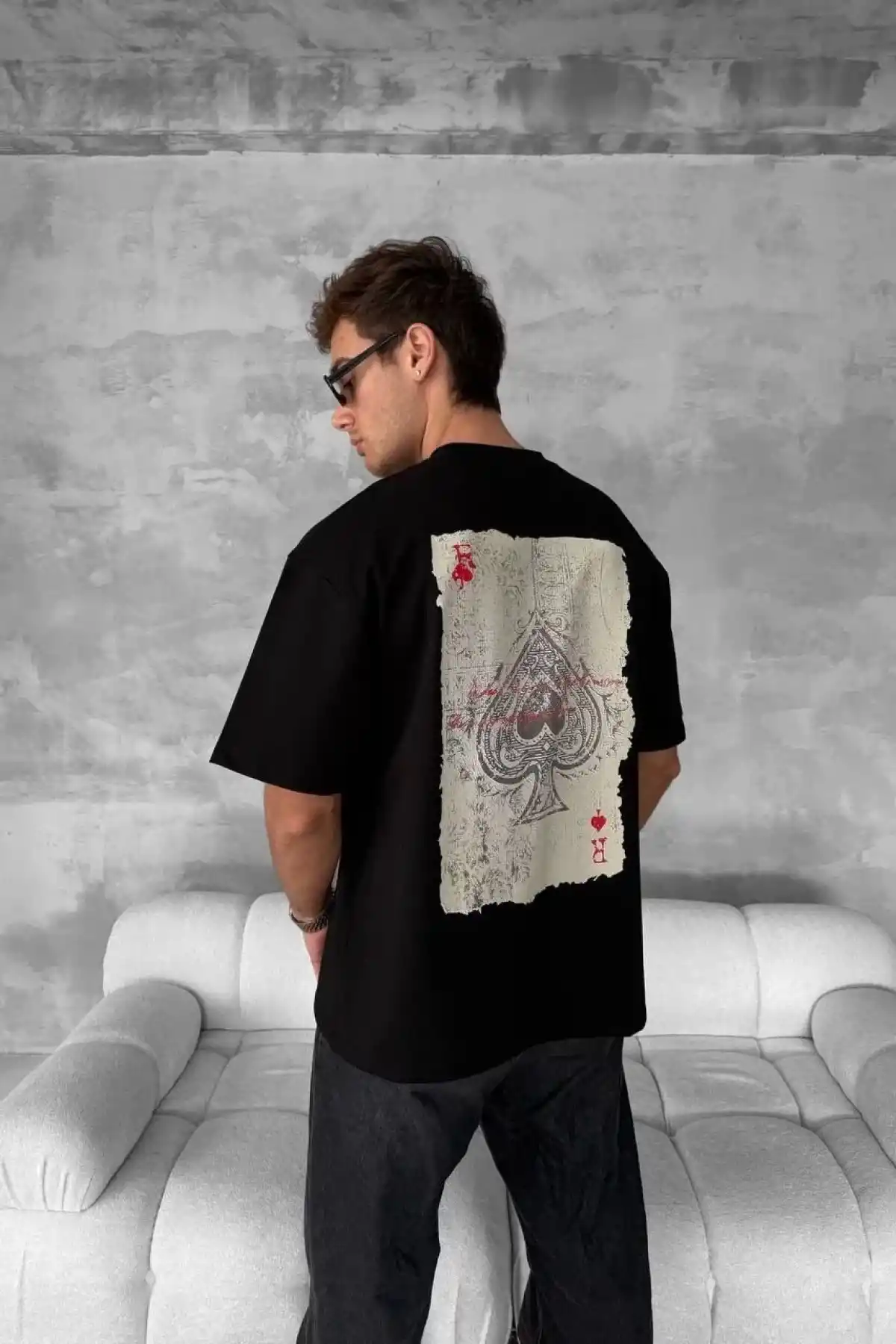 ERKEK Ön ve Arka Baskılı Oversize Bisiklet Yaka T-shirt - Siyah