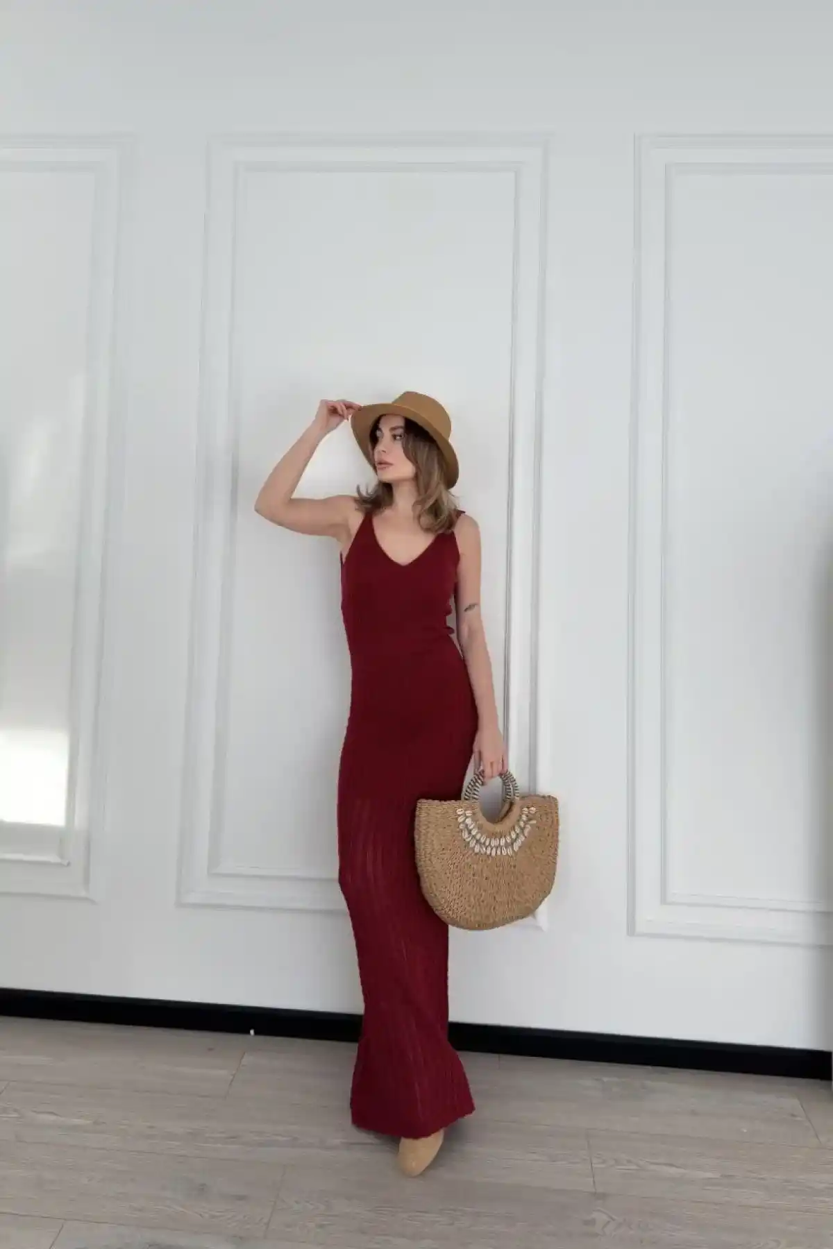 Örgülü Uzun Triko Elbise - Bordo