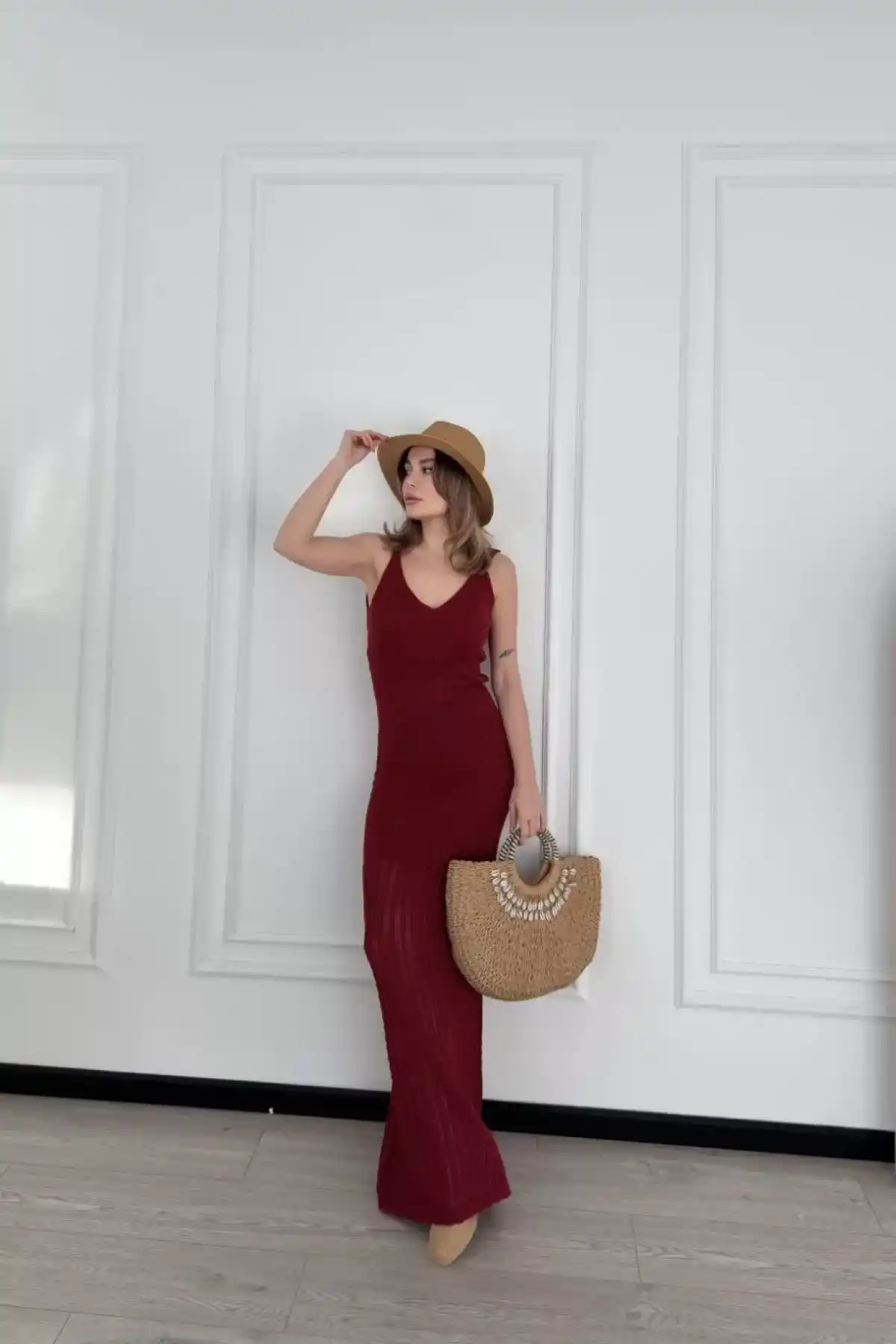 Örgülü Uzun Triko Elbise - Bordo