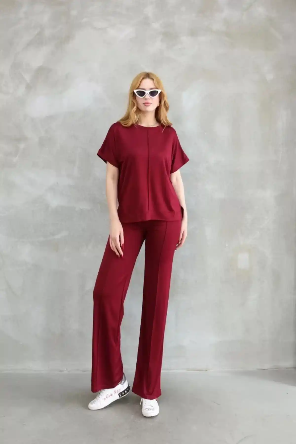 Osy Modal Yumuşak dokulu Kumaş Bisiklet Yaka Kısa Kollu Takım - Bordo