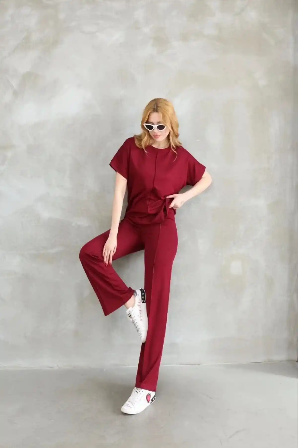 Osy Modal Yumuşak dokulu Kumaş Bisiklet Yaka Kısa Kollu Takım - Bordo