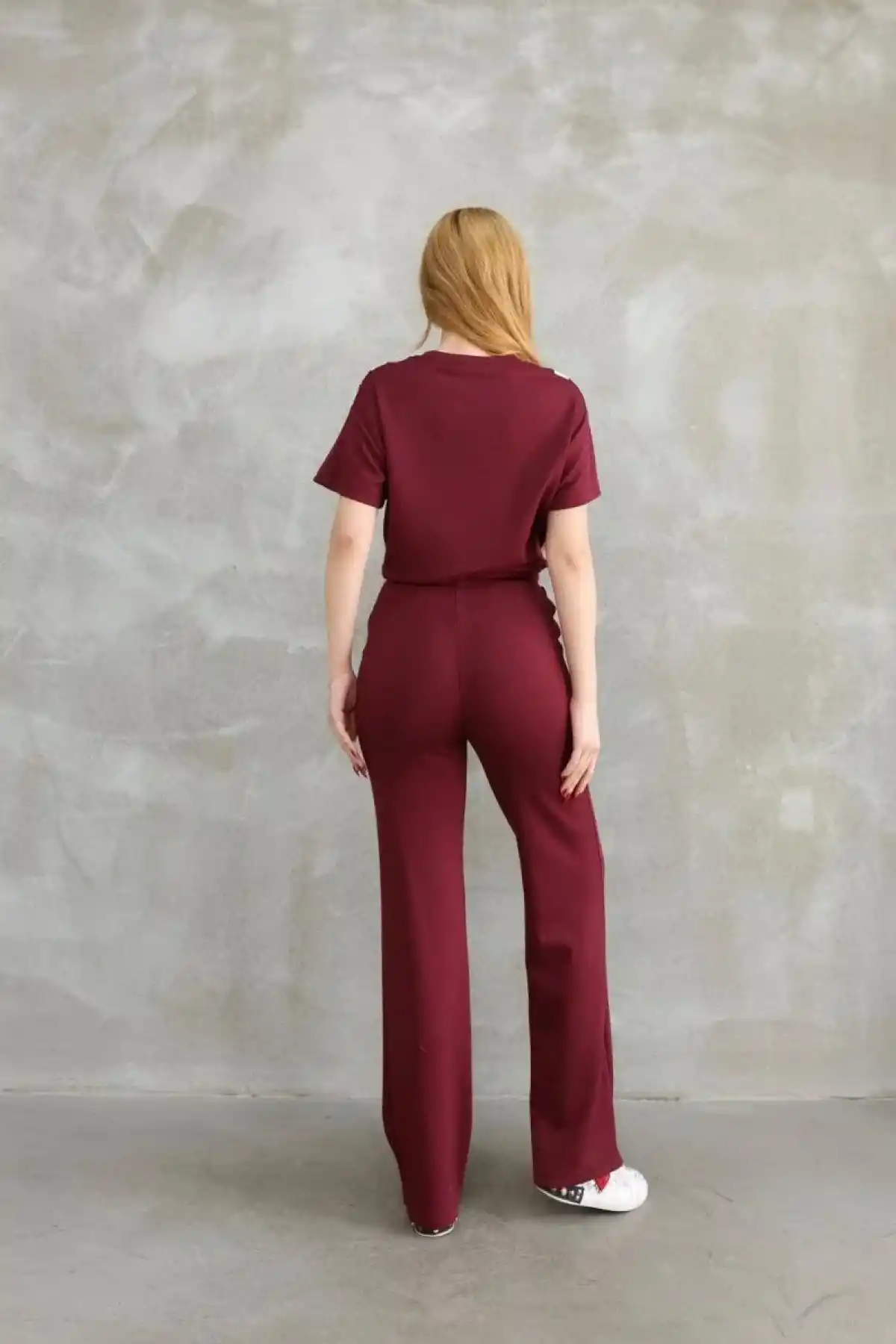 Osy Modal Yumuşak dokulu Kumaş Bisiklet Yaka Parçalı detaylı Kısa Kollu Takım - Bordo