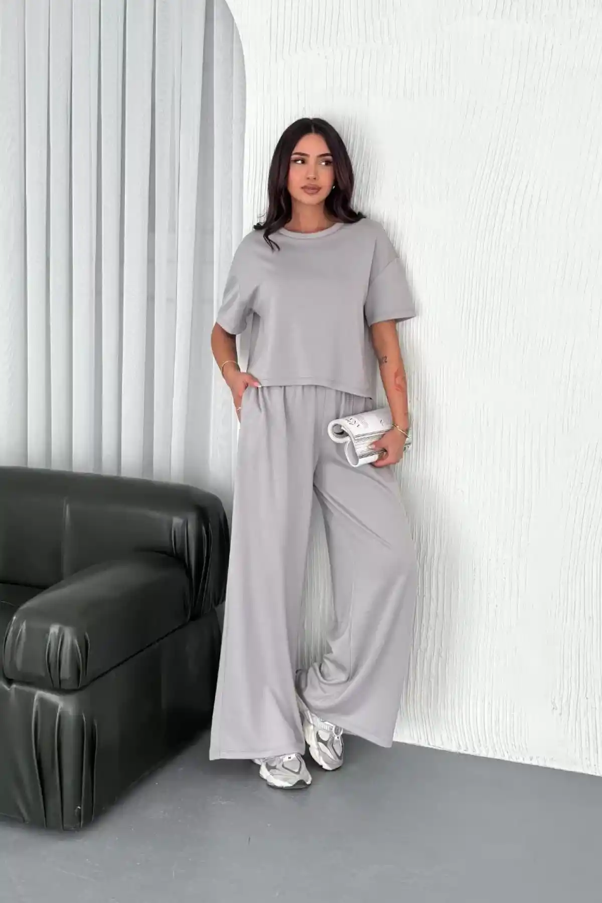 Osy Modal Yumuşak Dokulu Kumaş Bisiklet Yaka T-shirt Bol paça Pantalon ikili Takım - Boyalı Gri