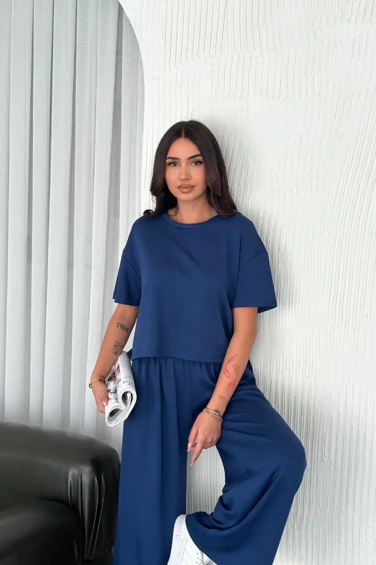 Osy Modal Yumuşak Dokulu Kumaş Bisiklet Yaka T-shirt Bol paça Pantalon ikili Takım -Saks Mavi