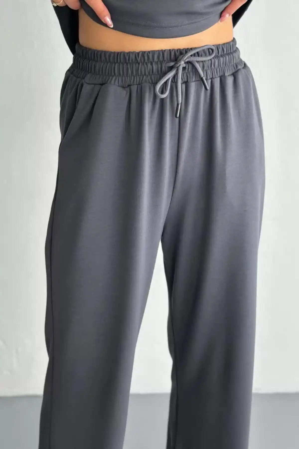 Osy Modal Yumuşak Dokulu Kumaş Kısa Kollu Yakalı T-shirt Pantalon ikili Takım- Antrasit