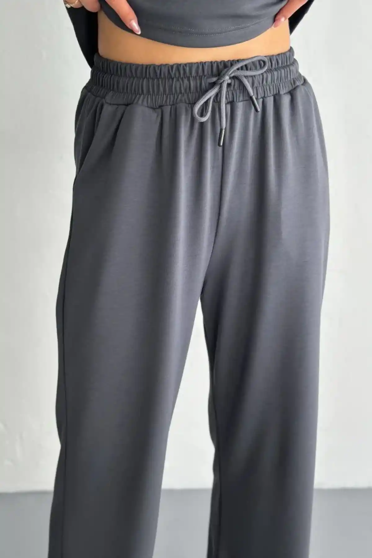 Osy Modal Yumuşak Dokulu Kumaş Kısa Kollu Yakalı T-shirt Pantalon ikili Takım- Antrasit