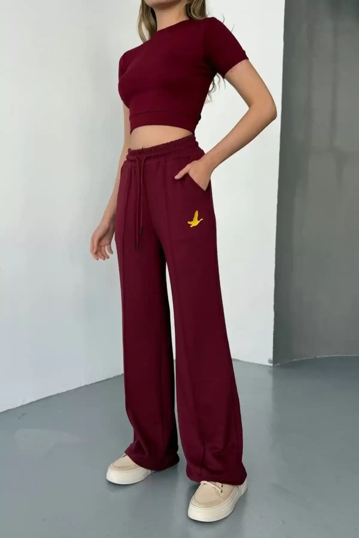 Osy Modal Yumuşak Dokulu Kumaş Nakış işlemeli Rahat Bol Paça Eşofman Pantalon - Bordo