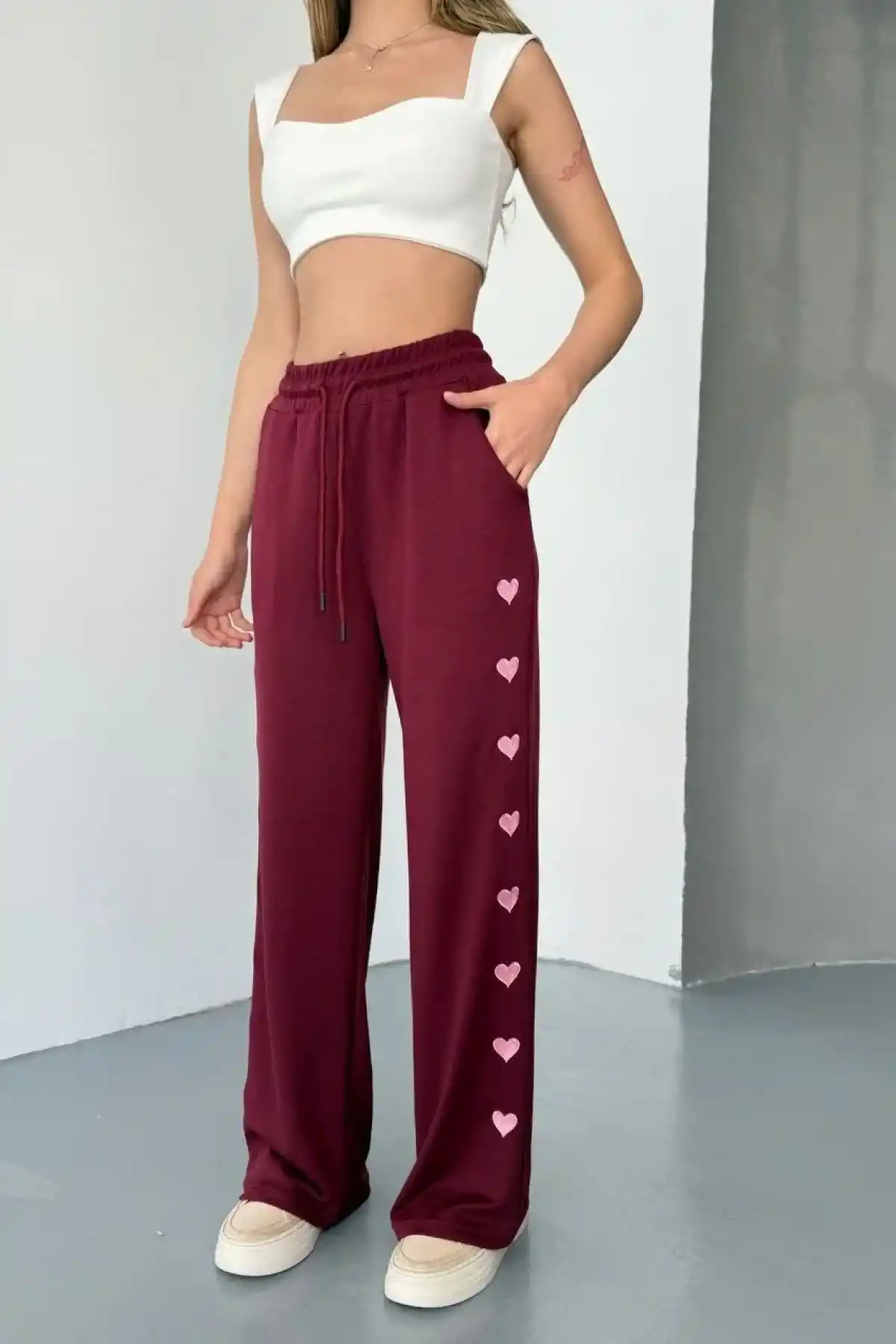 Osy Modal Yumuşak Dokulu Kumaş Nakış işlemeli Rahat Bol Paça Eşofman Pantalon - Bordo