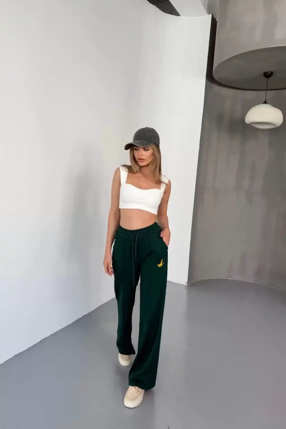 Osy Modal Yumuşak Dokulu Kumaş Nakış işlemeli Rahat Bol Paça Eşofman Pantalon - Yeşil