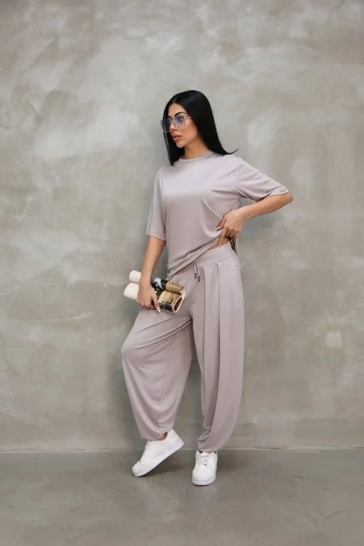 Osy Modal Yumuşak Dokulu Oversize Bisiklet Yaka Jogger Eşofman Altı Eşofman Takımı - Gri