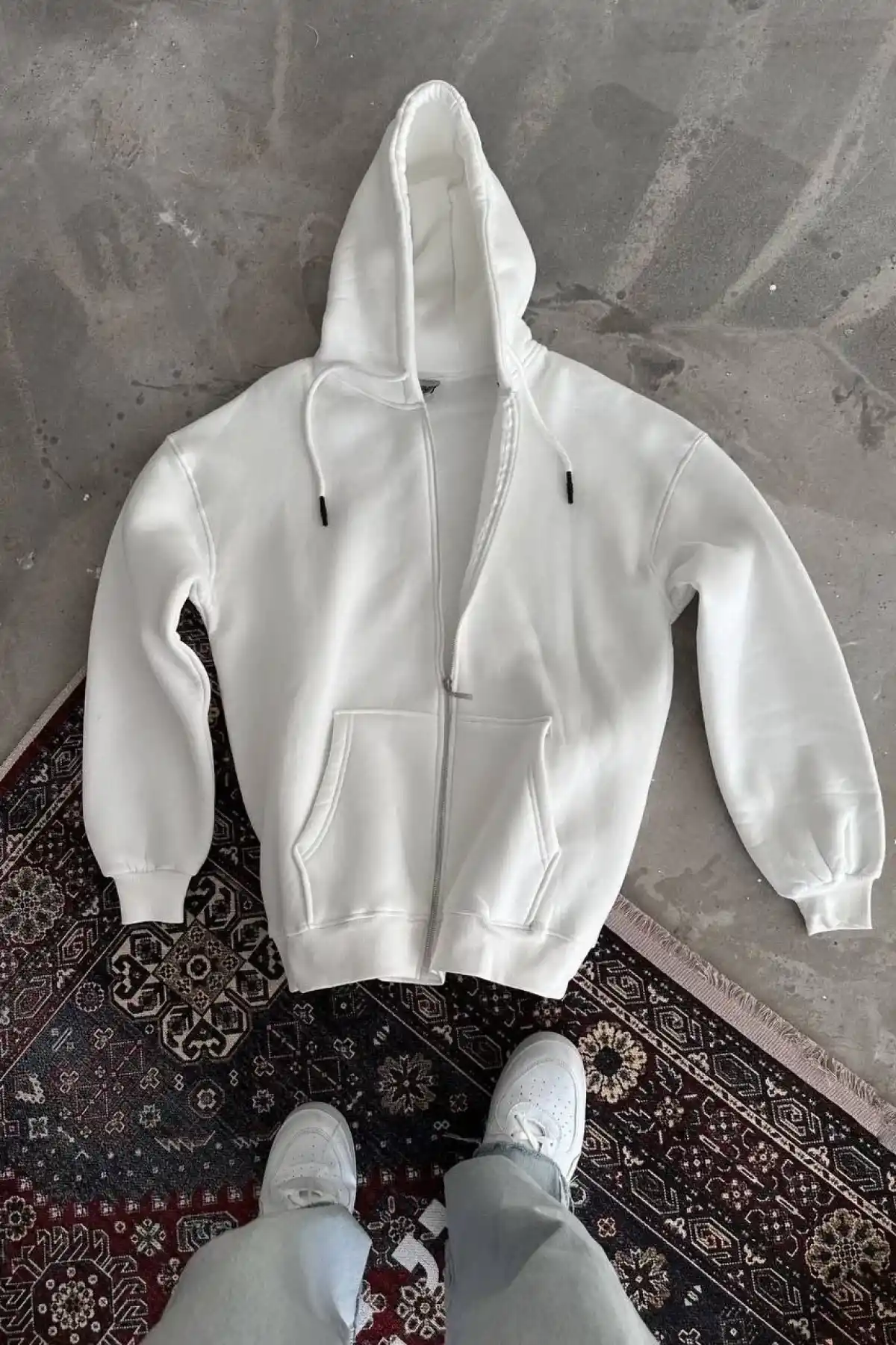 Oversize Tam Fermuarlı Uzun Kol Hırka - Beyaz