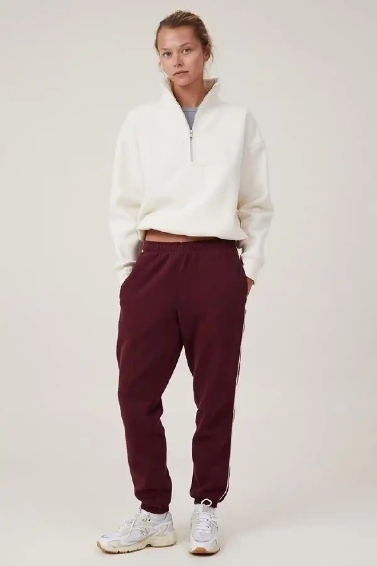 Oversize Yarım Farmuarlı Yakalı Basic SweatShirt - Beyaz