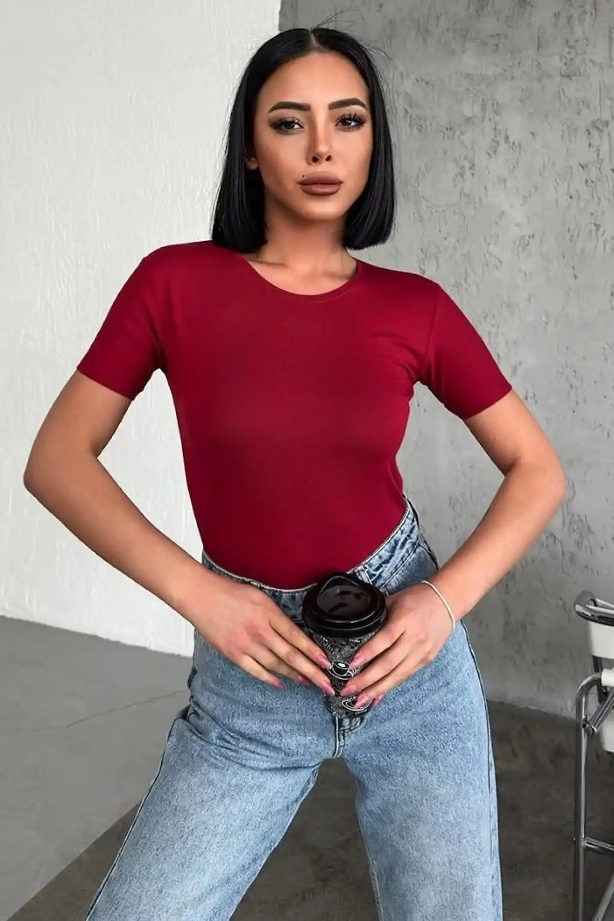 Rahat Ve Şık Kısa Kollu Bisiklet Yaka Likralı Viskon Penye Body Bordo ( GC )