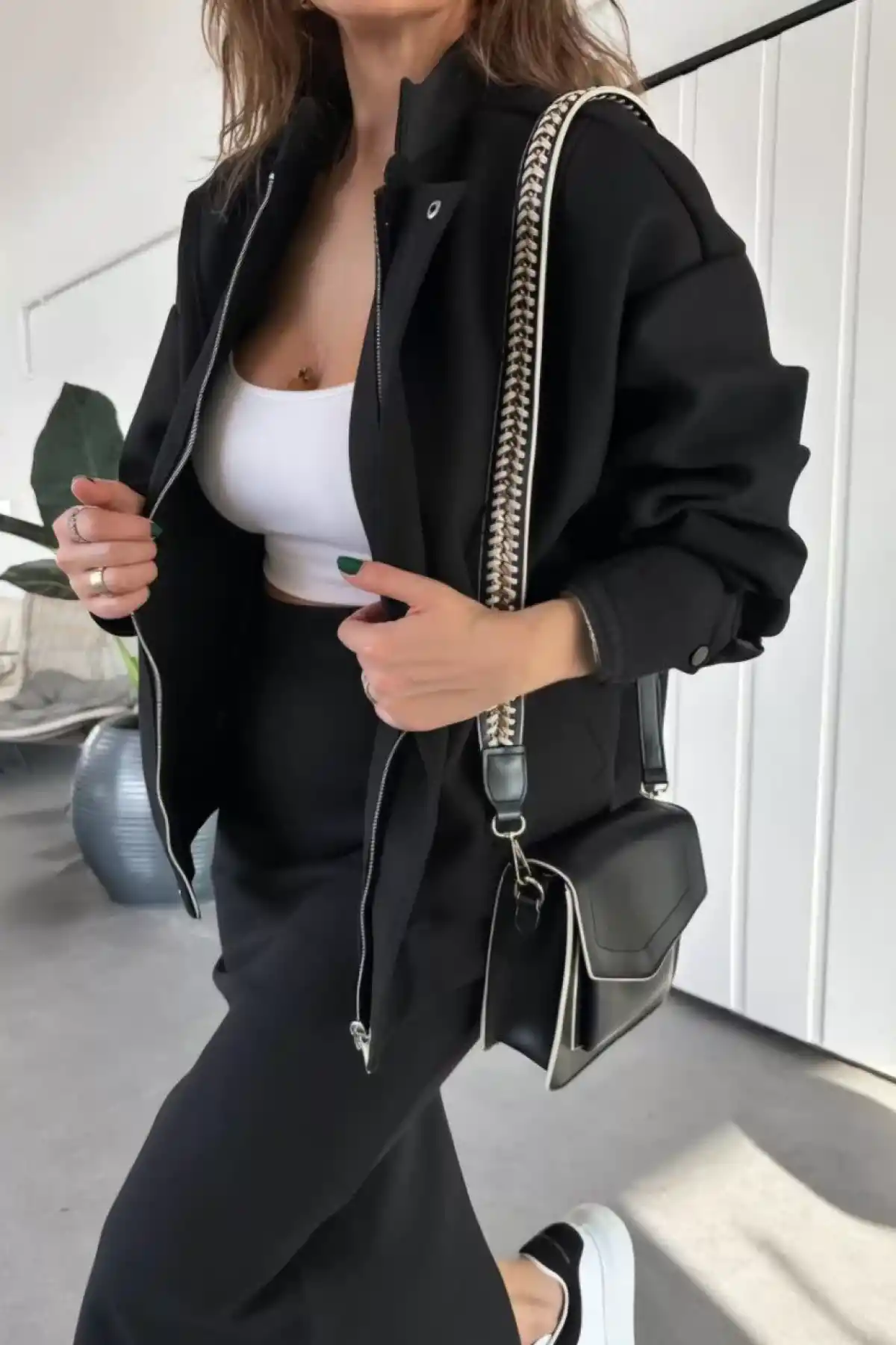 RYSE Kadın Mevsim Kaşe Fermuarlı Ceket Etek Takım Kaşmir Ceket Etekli  İkili Takım Kaşe Bomber Ceket-Etek Takım