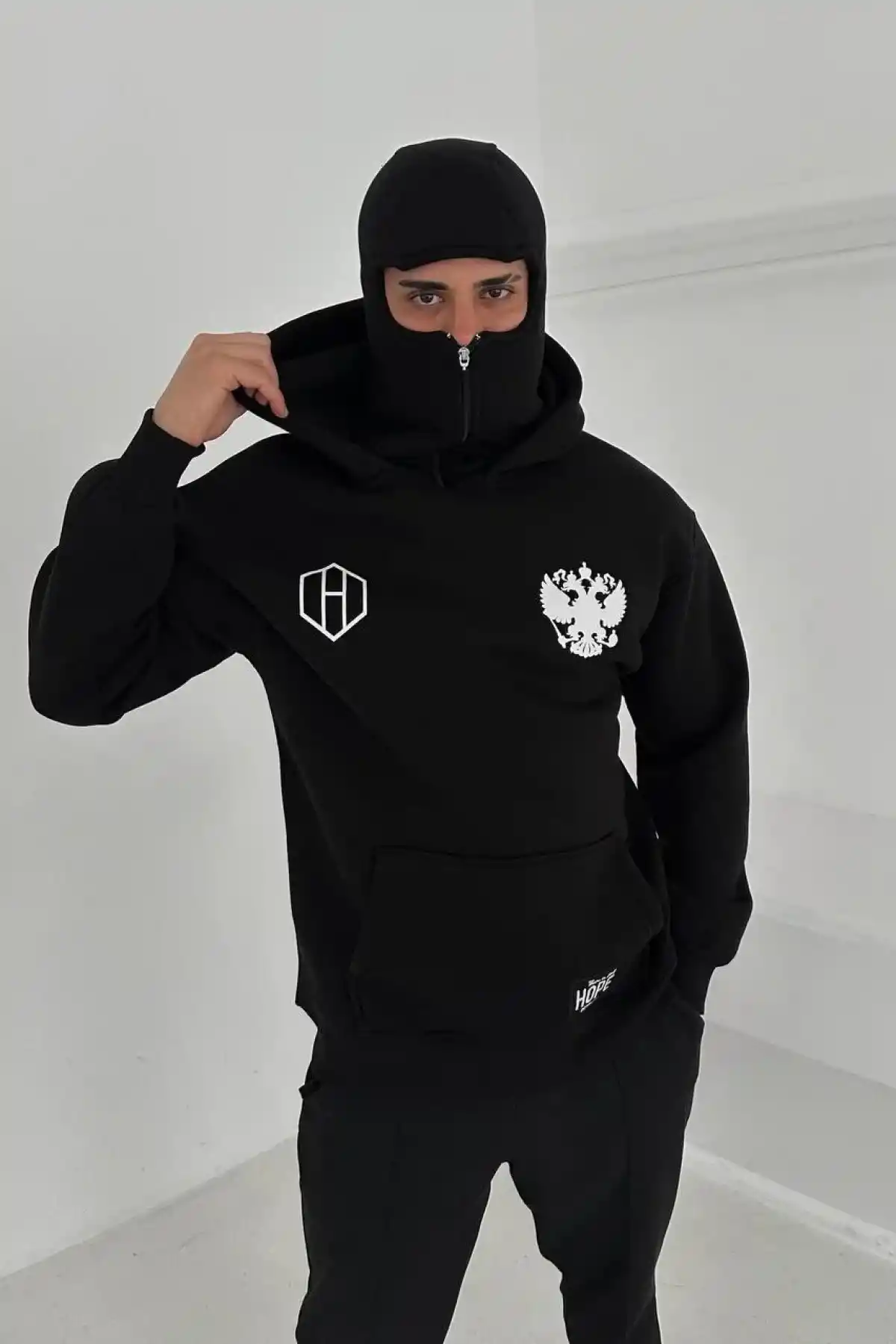 Samuray Ninja Çift Kapşonlu ZIP Fermuarlı Kanguru Çepli Tam Fermuarlı Hoodie ön ve Arka Baskılı Maske Detaylı Swetshirt - Siyah