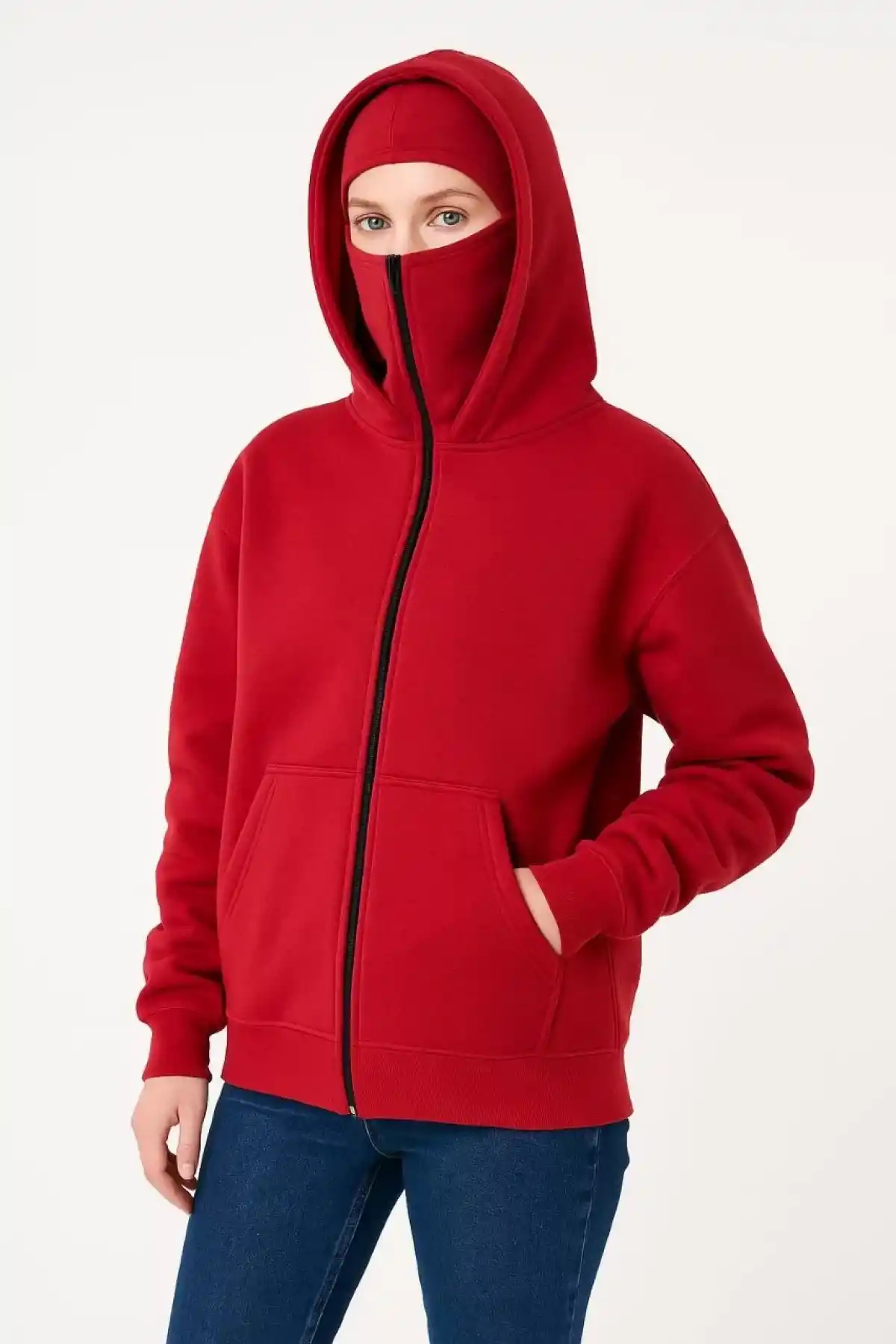 Samuray Ninja Çift Kapüşonlu Kadın Hoodie Oversize Kanguru Cepli, Bahar & Kışlık Fermuarlı Sweatshirt- Kırmızı