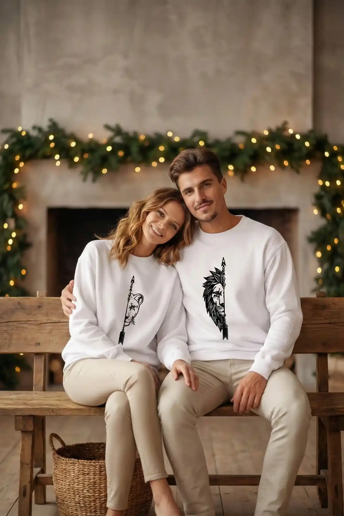 Sevgililer Günü Özel Bisiklet Yaka Aslan Baskılı Oversize Sweatshirt - Beyaz