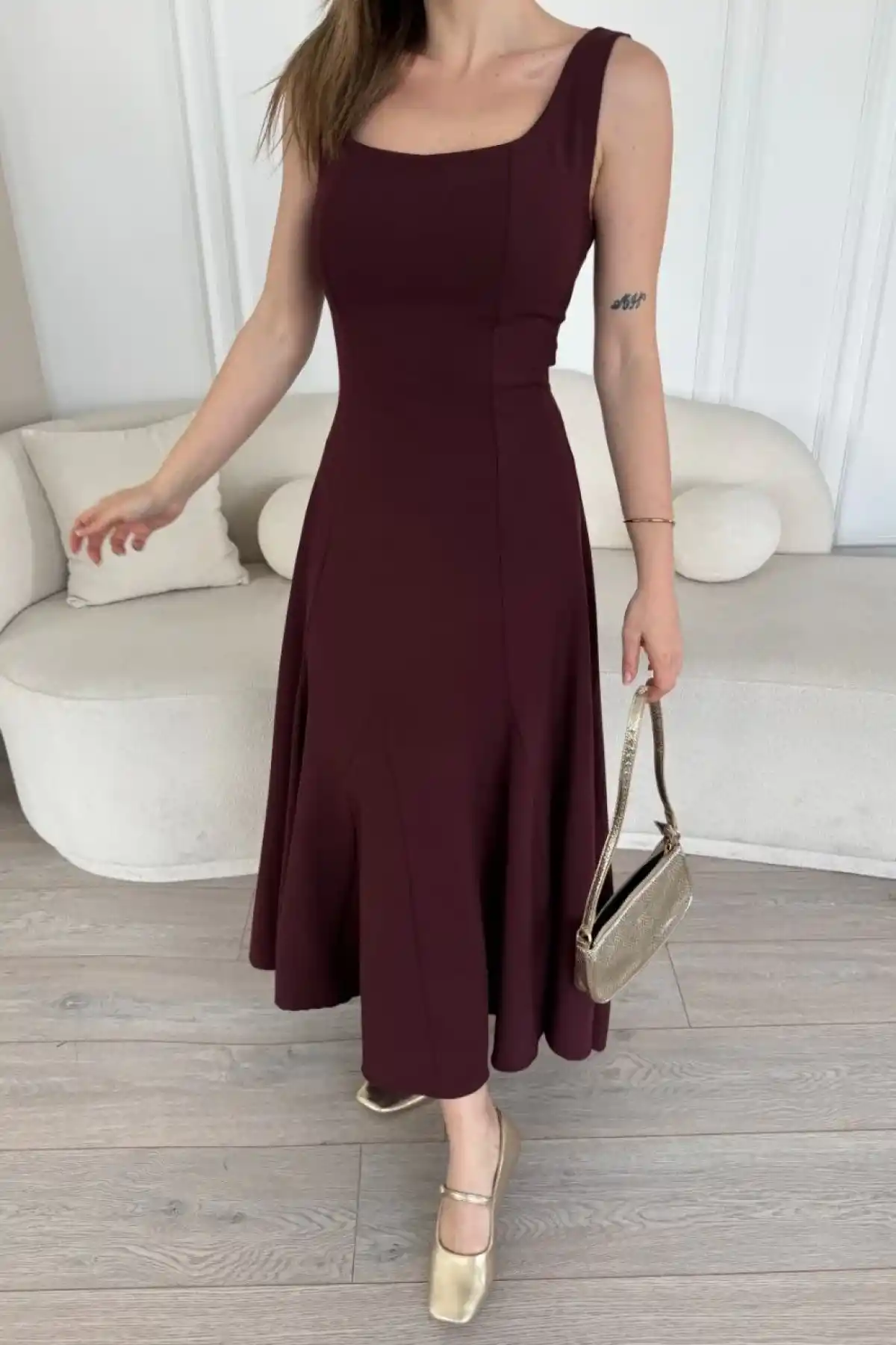 Sırt Dekolteli Kolsuz Uzun Elbise - Mürdüm