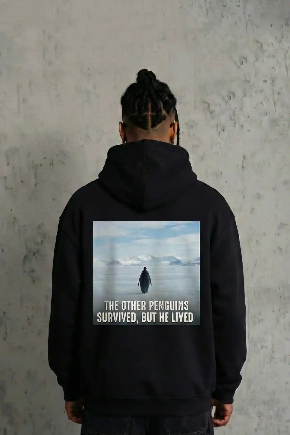 Siyah Oversize Hoodie - Sırt Baskılı Survivor Penguin Temalı, Felsefi Yazılı Kapüşonlu Sweatshirt - Siyah