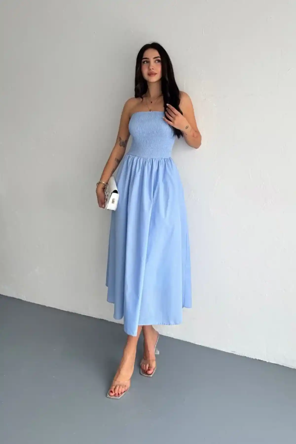 Straplez Pileli Elbise - Açık Mavi