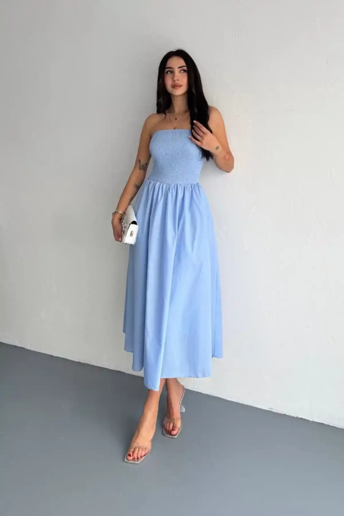 Straplez Pileli Elbise - Açık Mavi