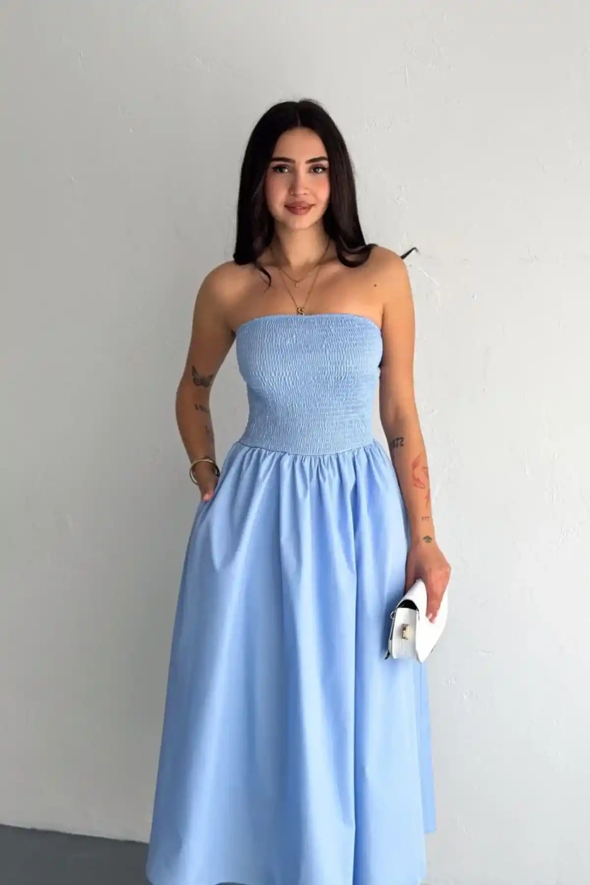 Straplez Pileli Elbise - Açık Mavi