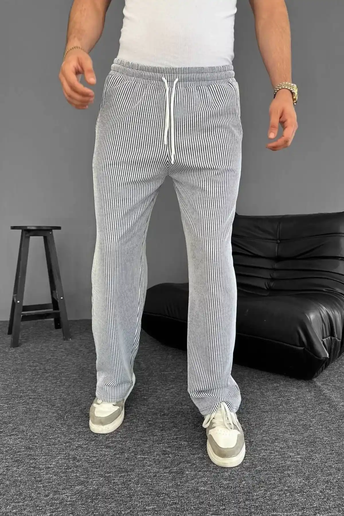 Su Yolu Çizgili Cepli Pantalon Yazlık - Gri