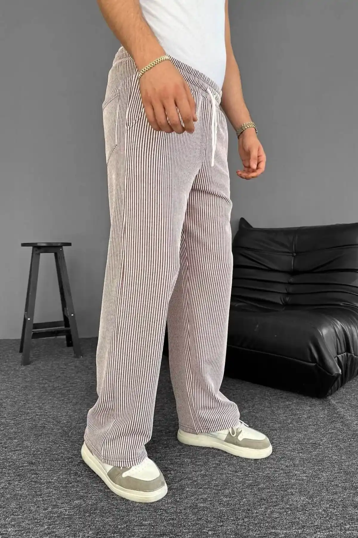 Su Yolu Çizgili Cepli Pantalon Yazlık - Kahverengi