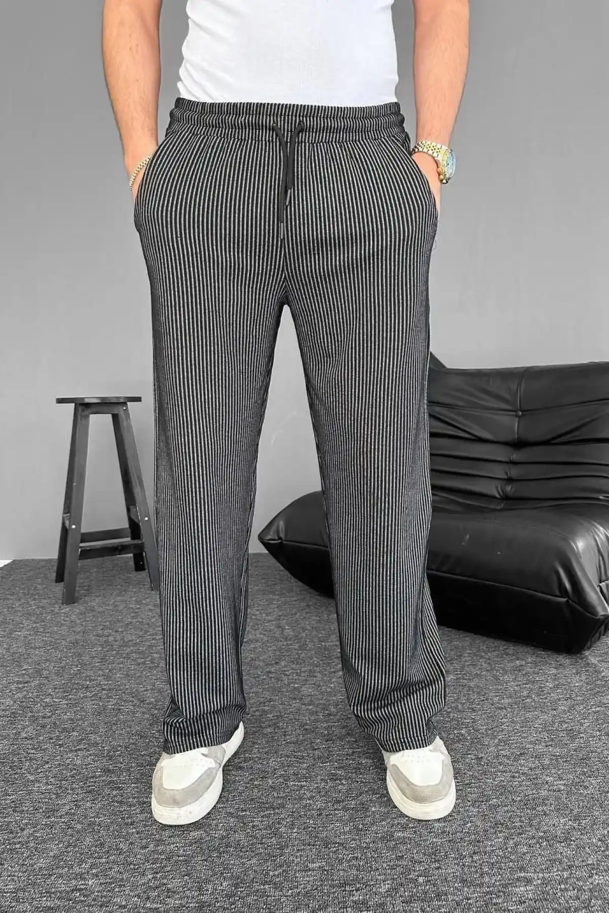 Su Yolu Çizgili Cepli Pantalon - Siyah