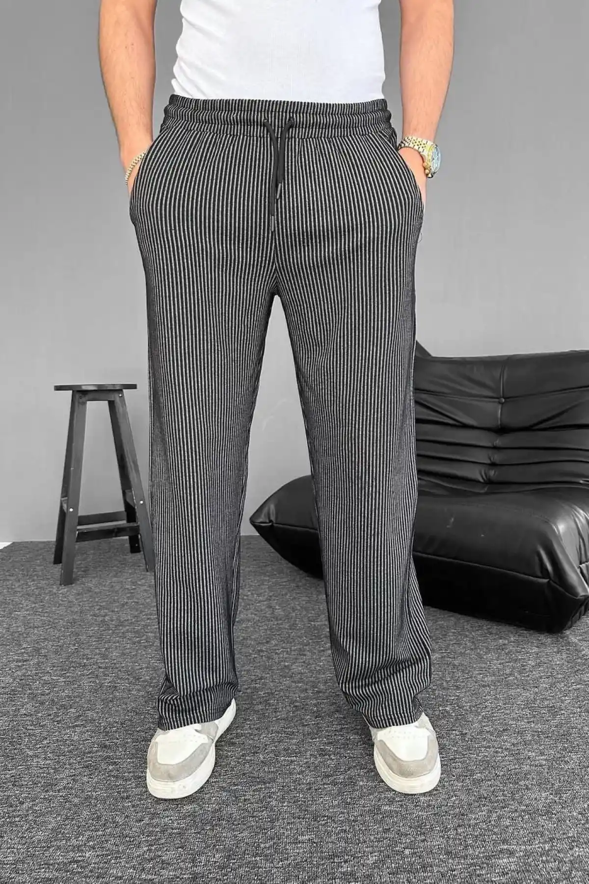 Su Yolu Çizgili Cepli Pantalon - Siyah