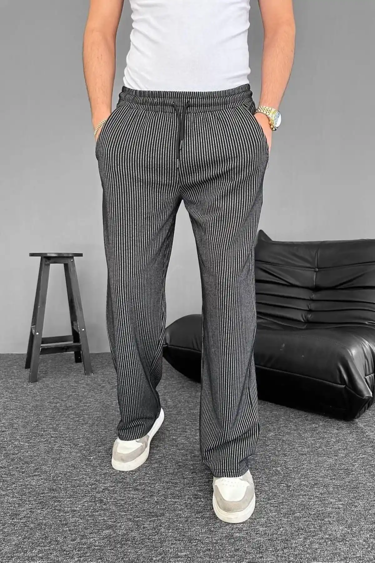 Su Yolu Çizgili Cepli Pantalon - Siyah