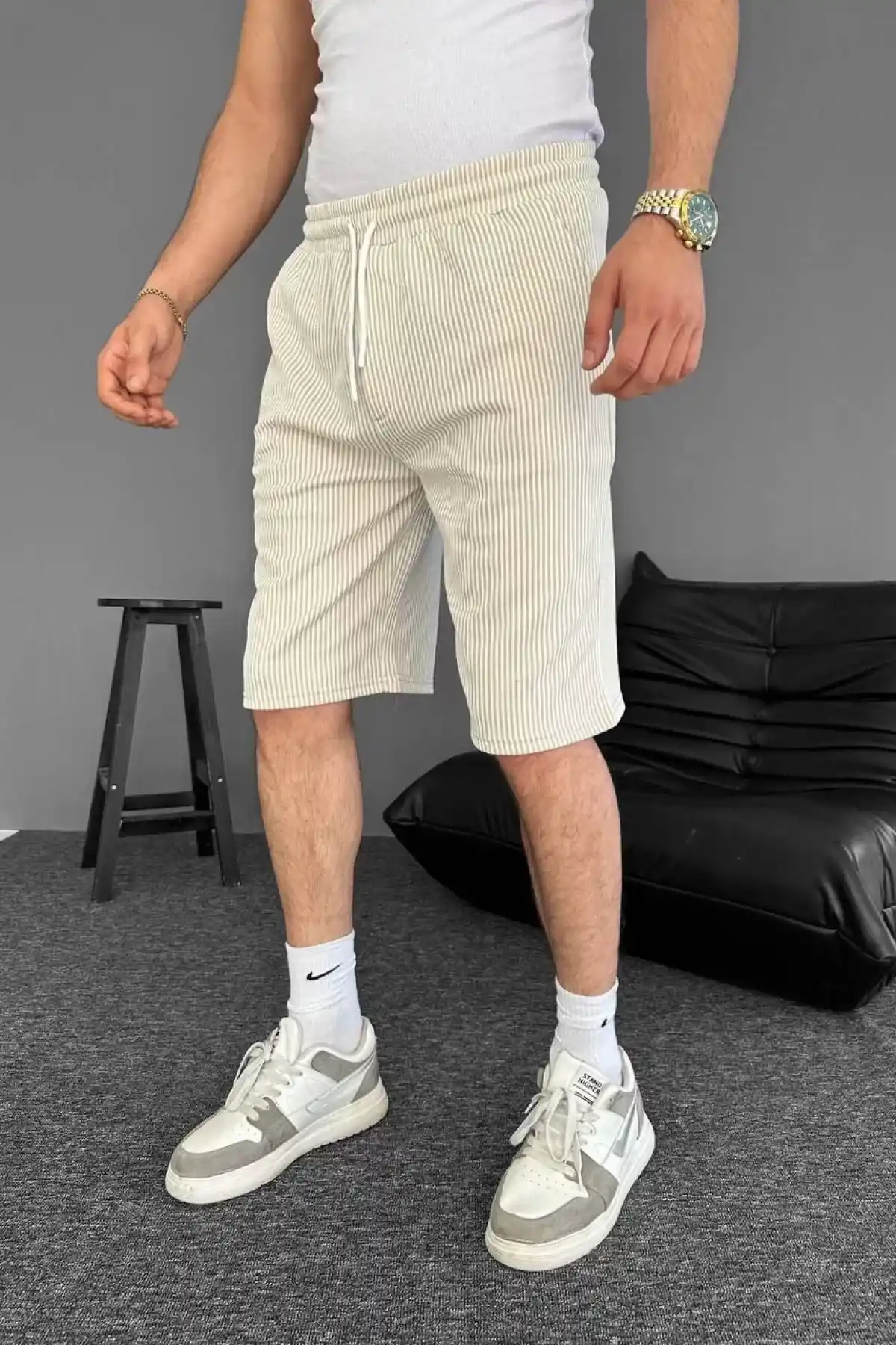 Su Yolu Çizgili Ön Arka Cepli Şort Yazlık Nefes Alabilir - Bej