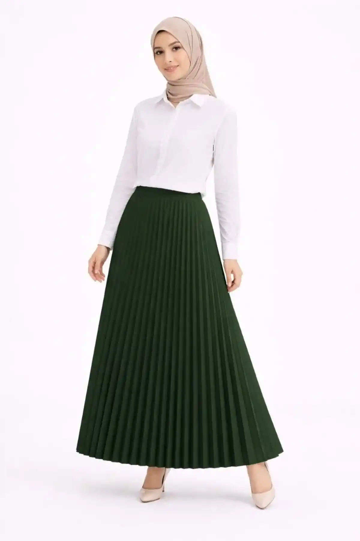 Tesettür Beyaz Gömlekli Pliseli Etek İkili Takım Gündelik ve Ofis Şıklığı - Çağla Yeşili