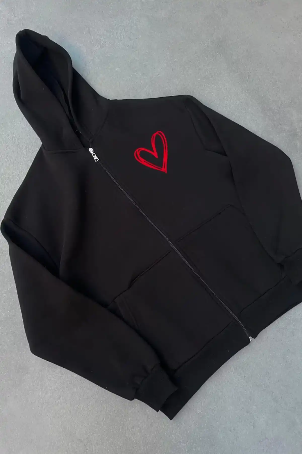 Üç İplik Baskılı Fermuarlı Kapüşonlu Hırka - Siyah