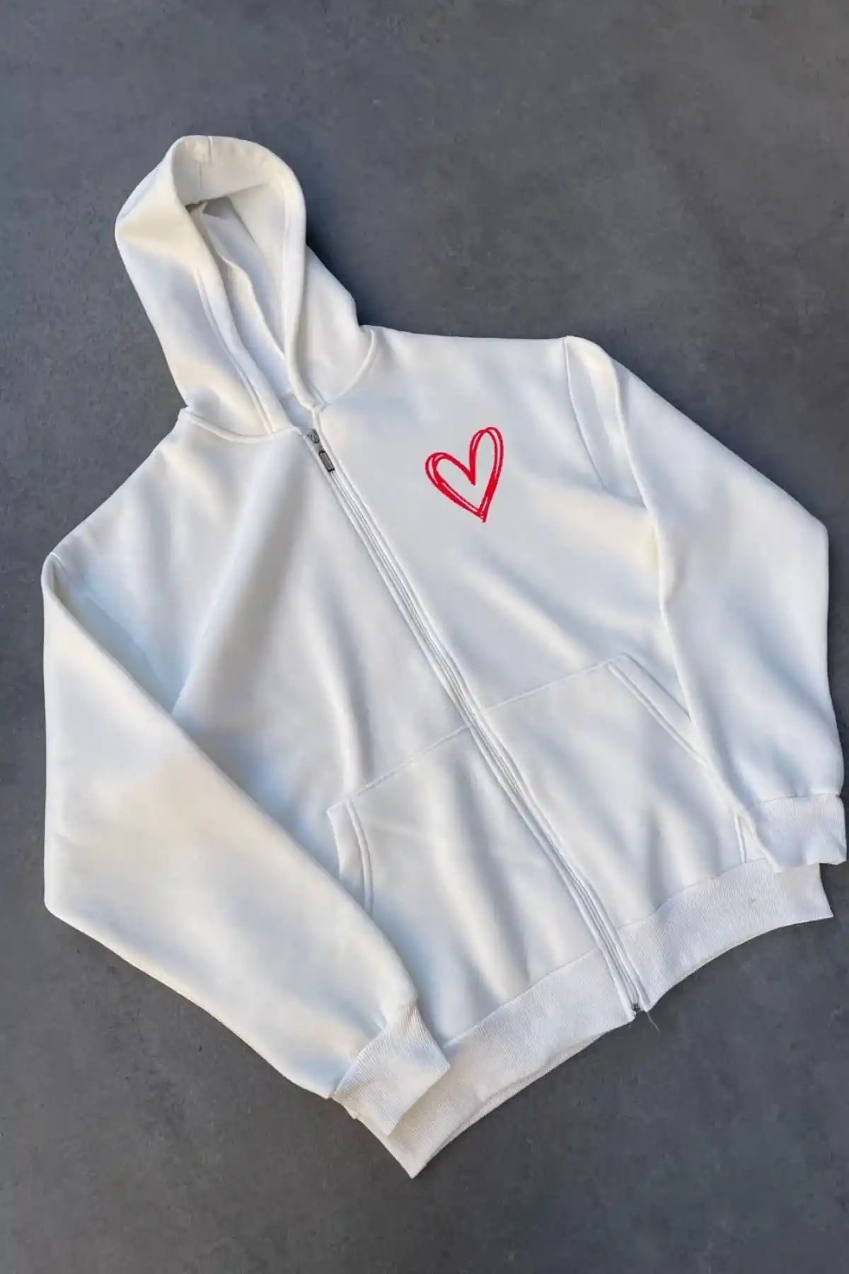 Üç İplik Baskılı Fermuarlı Kapüşonlu Hırka - Beyaz