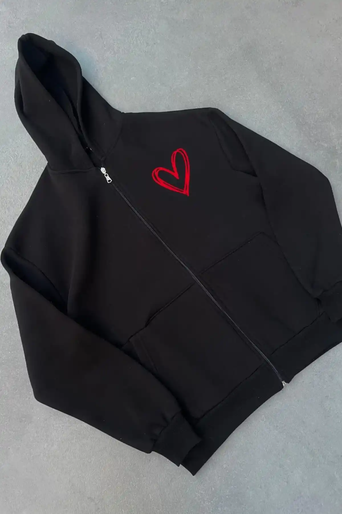 Üç İplik Baskılı Fermuarlı Kapüşonlu Hırka - Siyah