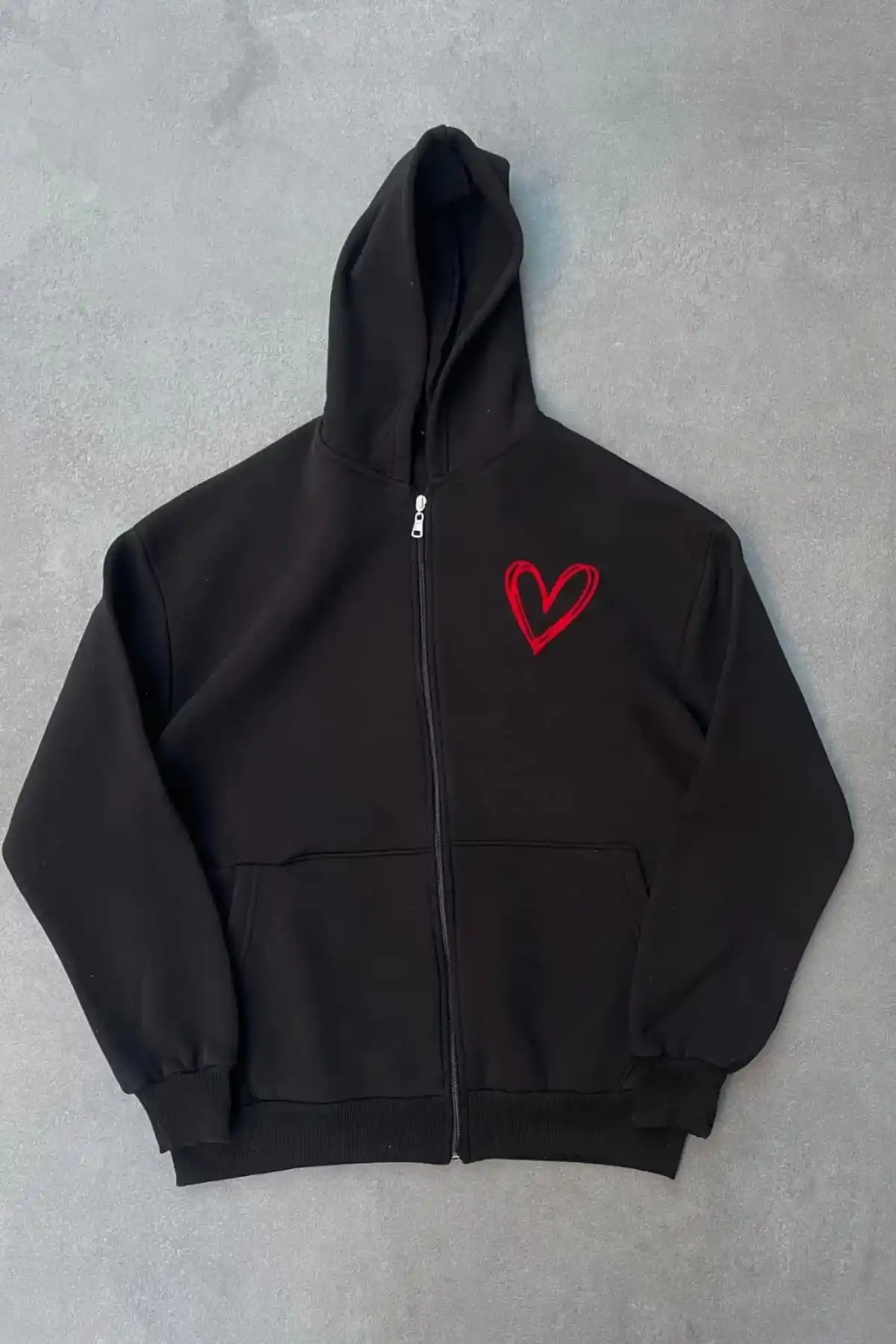 Üç İplik Baskılı Fermuarlı Kapüşonlu Hırka - Siyah