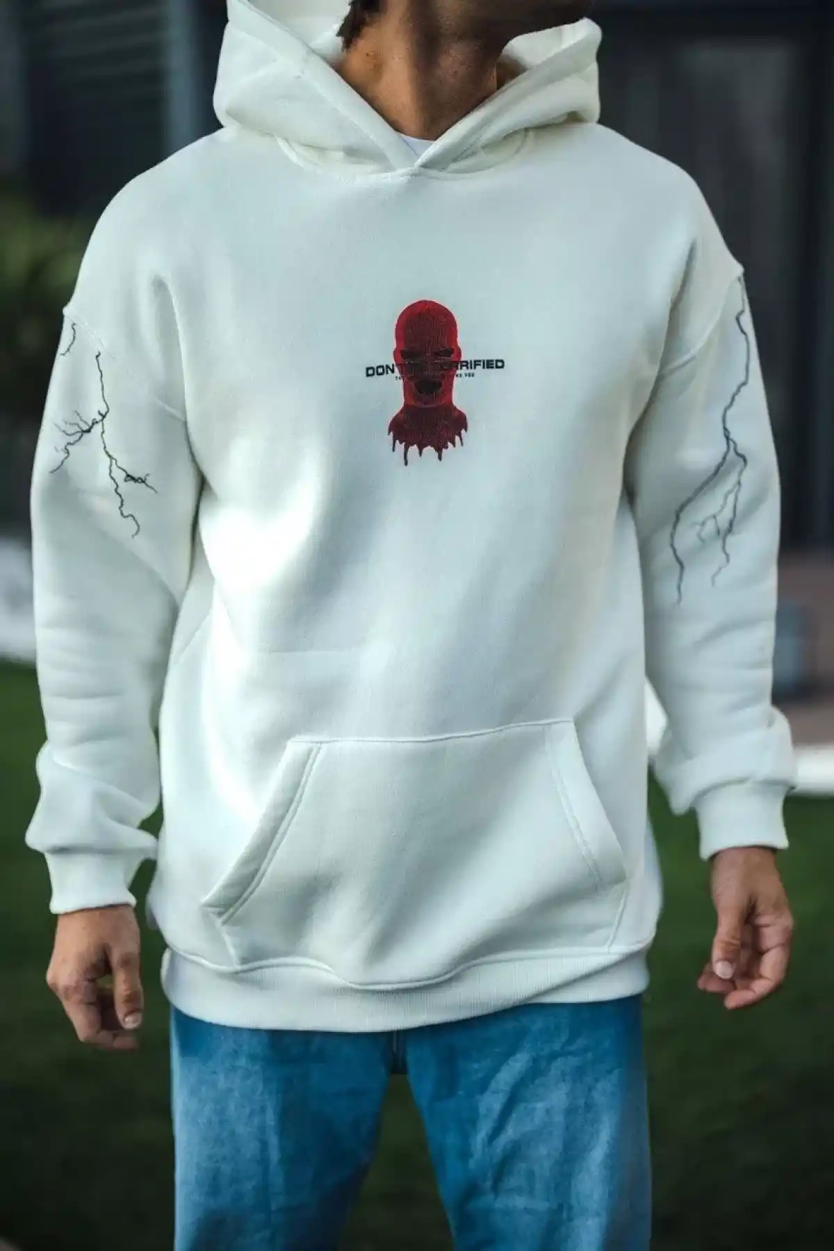 Üç İplik Kapüşonlu Baskılı Oversize SweatShirt- Beyaz