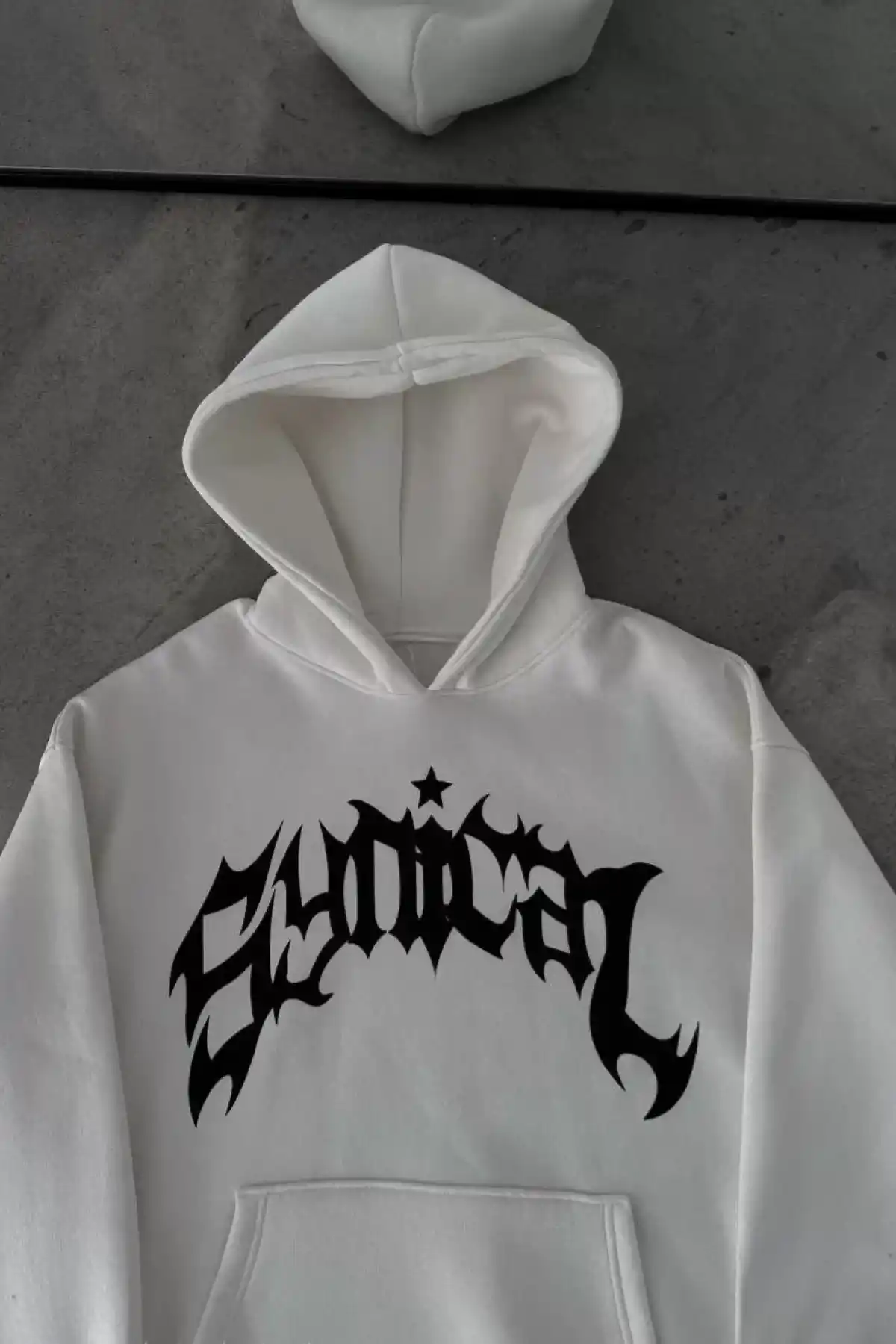 Üç İplik Kapüşonlu Baskılı Oversize SweatShirt- Beyaz