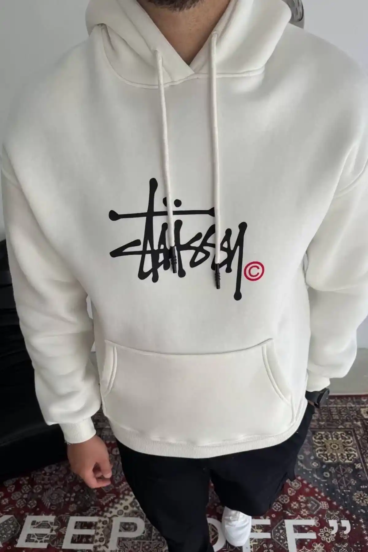 Üç İplik Kapşonlu Baskılı SweatShirt - Beyaz