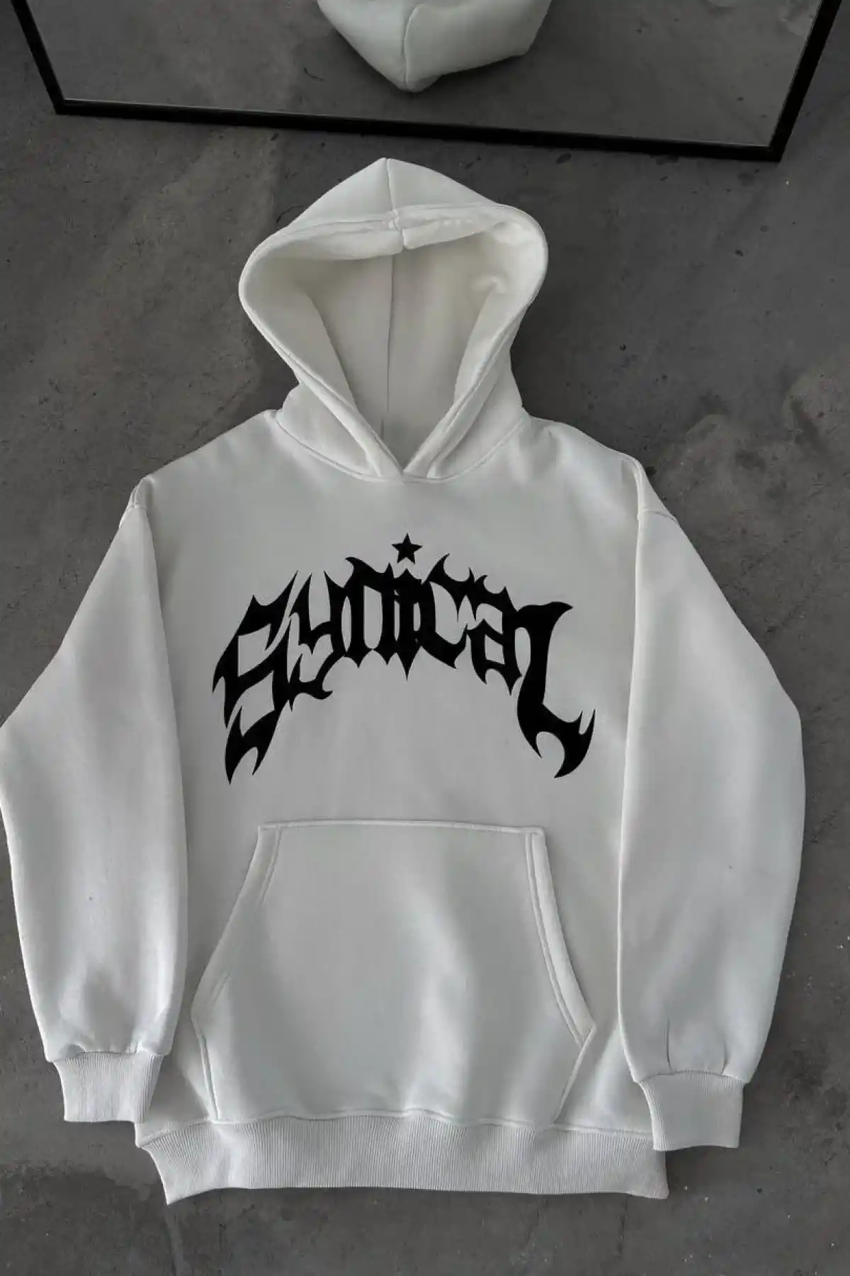 Üç İplik Kapüşonlu Baskılı Oversize SweatShirt- Beyaz