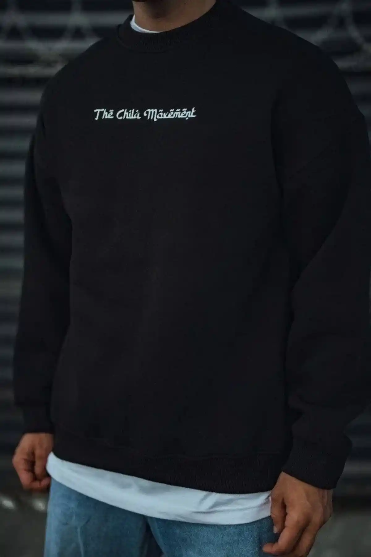 Erkek 3 iplik Pamuklu Bisiklet Yaka Baskılı SweatShirt - Siyah