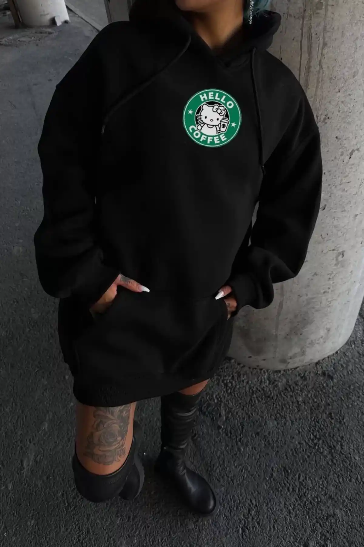 Üç İplik Penye Uzun Kol Kapüşonlu SweatShirt - Siyah