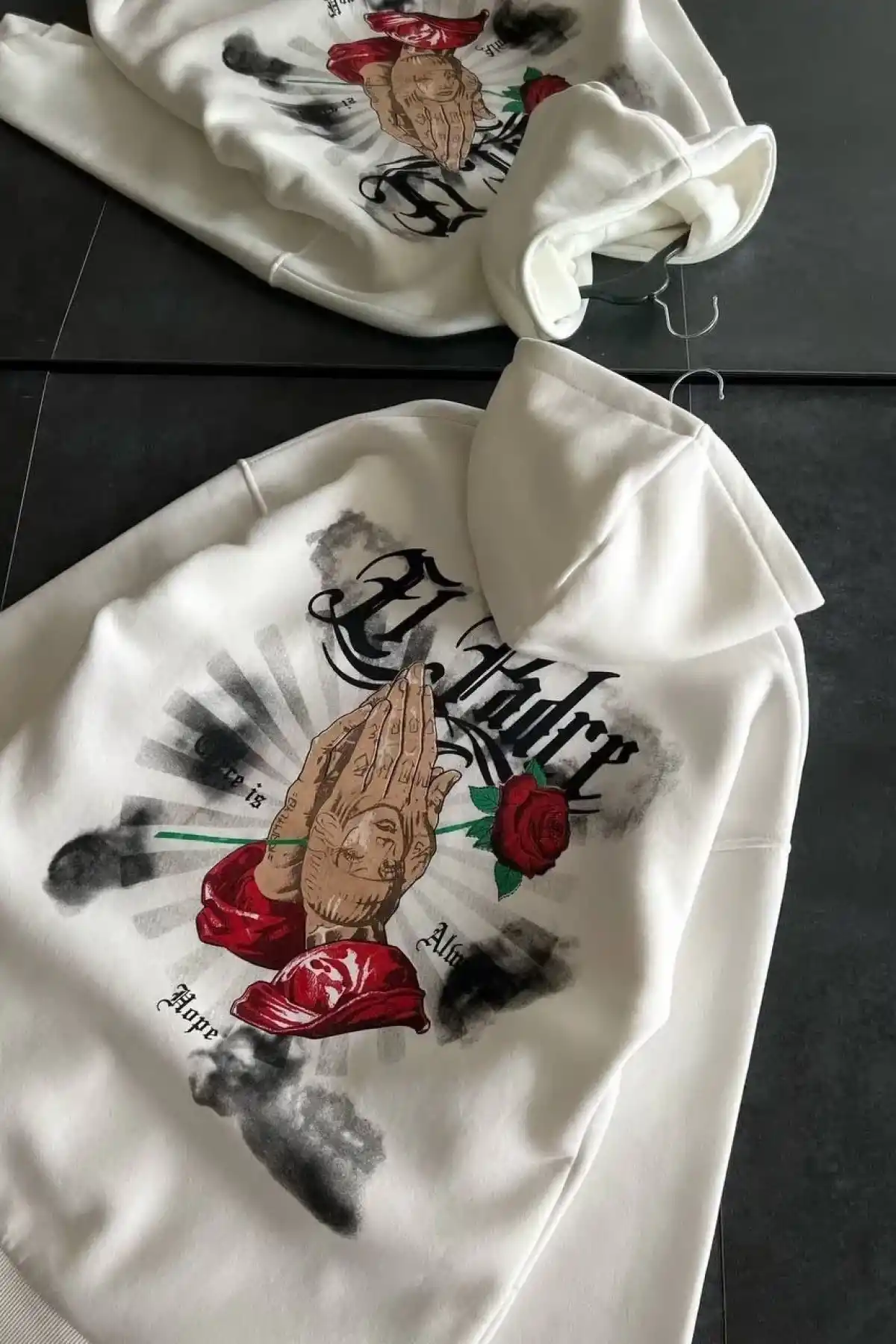 Üç İplik Penye Uzun Kol Kapüşonlu Baskılı SweatShirt - Beyaz