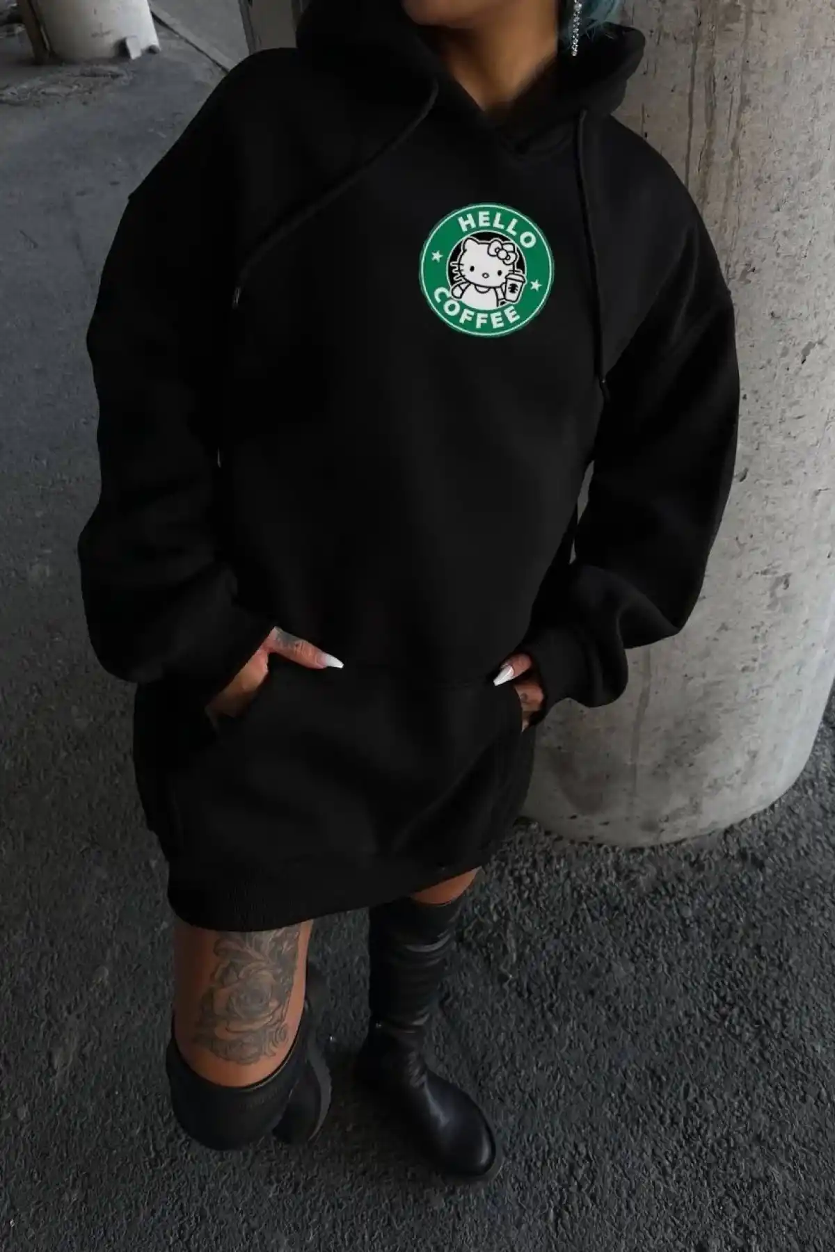 Üç İplik Penye Uzun Kol Kapüşonlu SweatShirt - Siyah