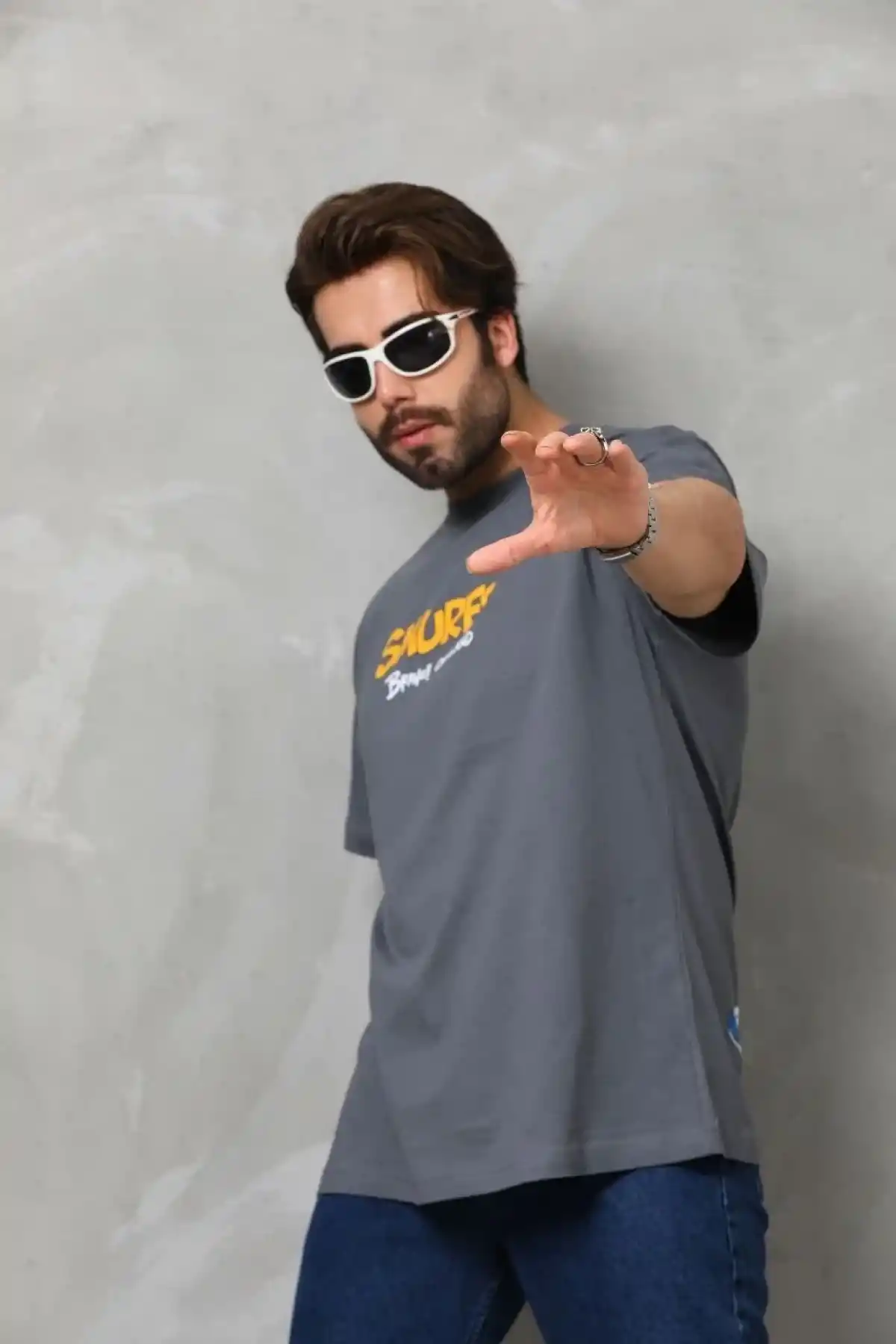 Erkek  Basic Bisiklet Yaka  T-Shirt - Füme